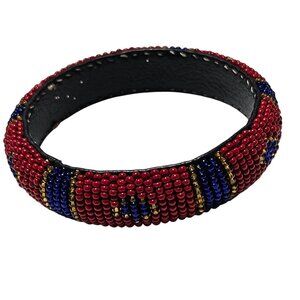 Handcrafted Beaded Bangle Bracelet Red Blue Gold Accents Statement Jewelry Women